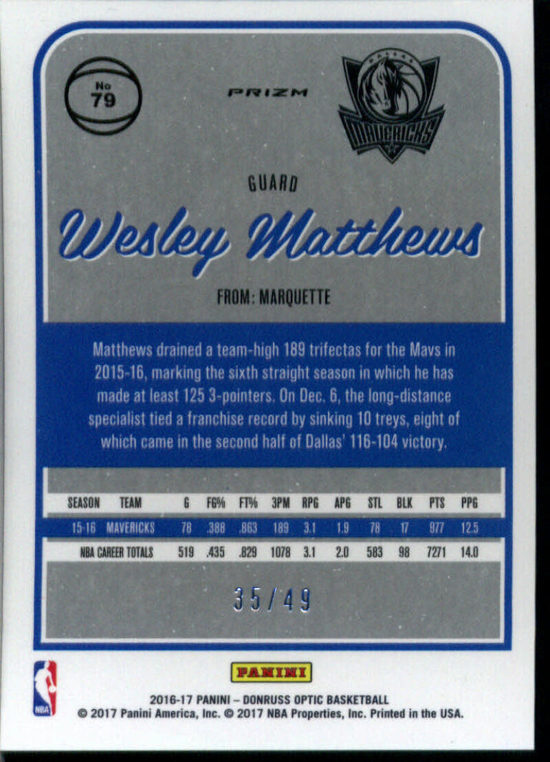 2016-17 DONRUSS OPTIC BLUE #79 WESLEY MATTHEWS 35/49 DALLAS MAVERICKS