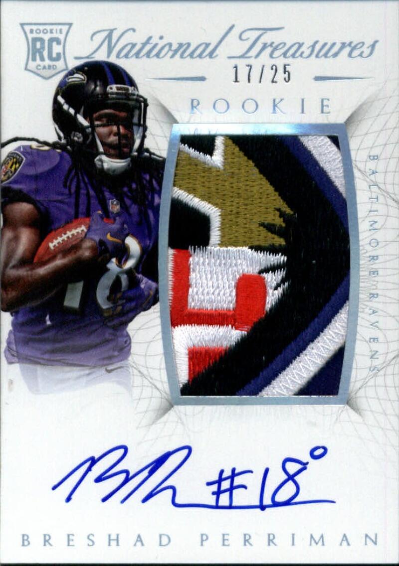 NATIONAL TREASURES ROOKIE AUTO PATCH SILVER BRESHAD PERRIMAN 17/25 BALTIMORE RAVENS